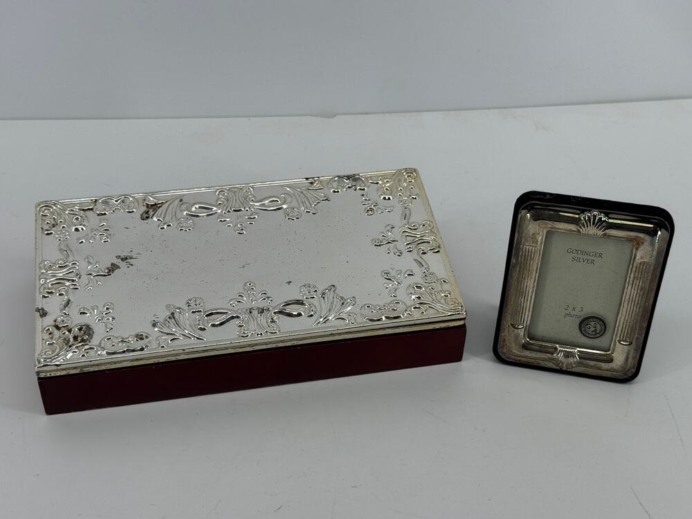 Godinger Silver Plate Trinket Jewelry Box Double Photo Frame Plus Mini Frame Set